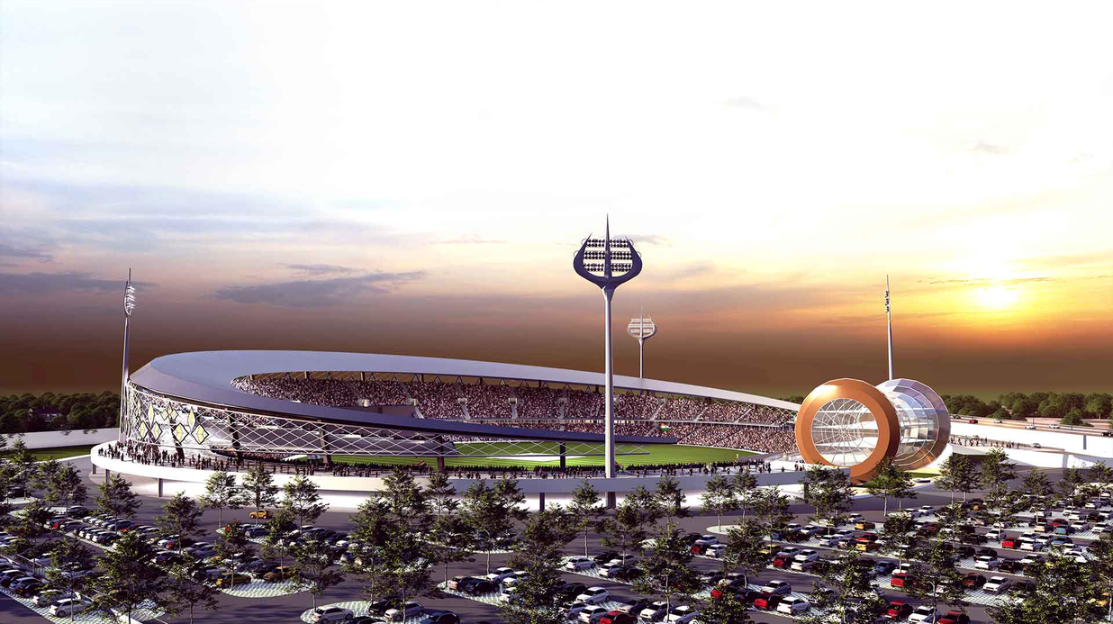 Planned design of the Varanasi International Cricket Stadium at sunset, with trishul-shaped floodlights and a crescent roof