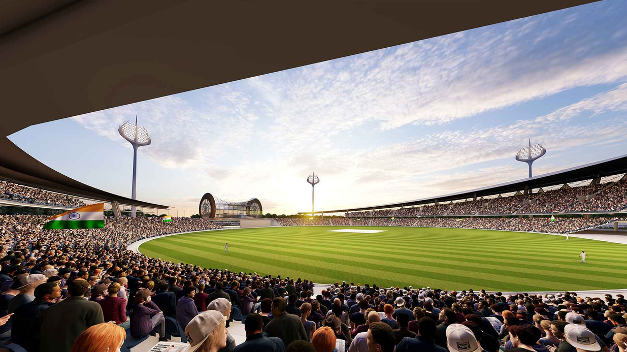 Planned design of the inside of the Varanasi International Cricket Stadium full of spectators